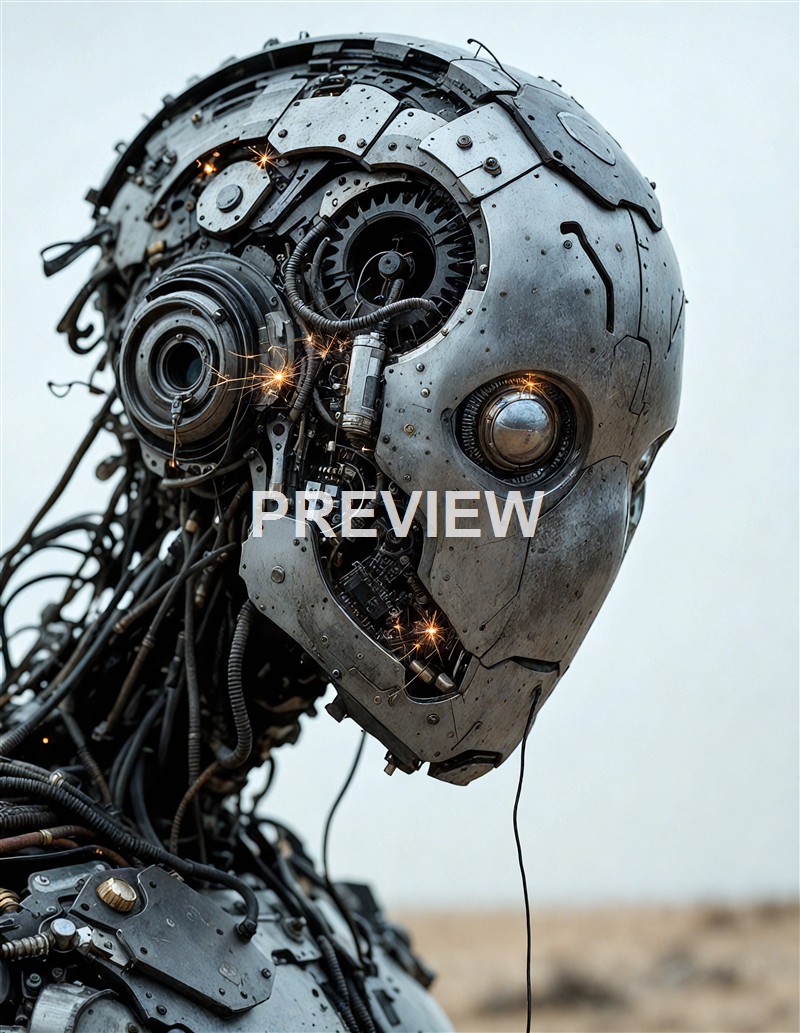 A humanoid robot with a metallic, skeletal structure, featuring visible gears and wires, standing outdoors against a cloudy sky.